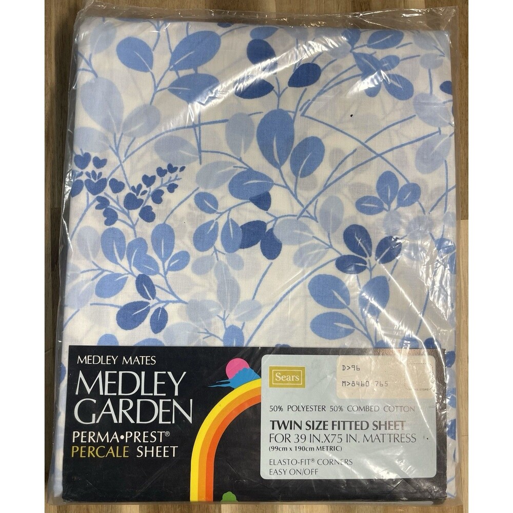 Vintage NOS Sears Medley Garden Twin Fitted Sheet Blue Floral PermaPrest Percale